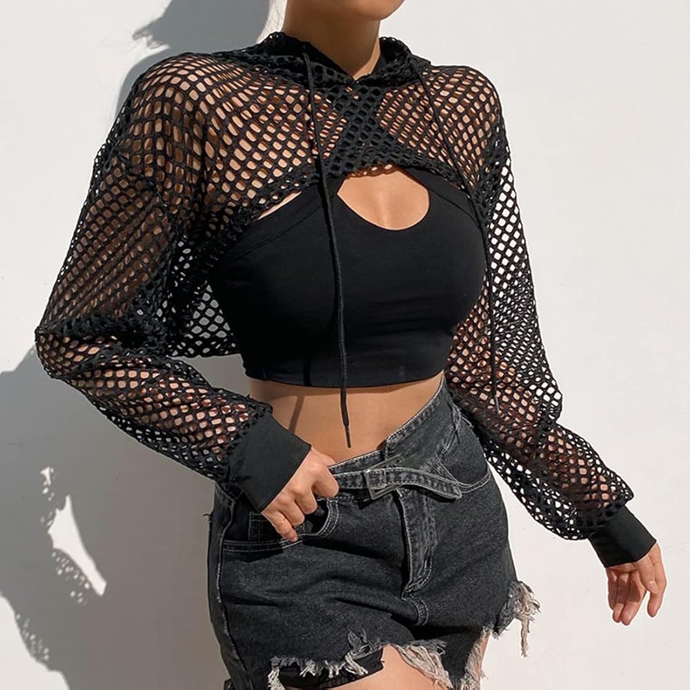 Women Sexy Mesh Fishnet Long Sleeve Pullover Hoodie